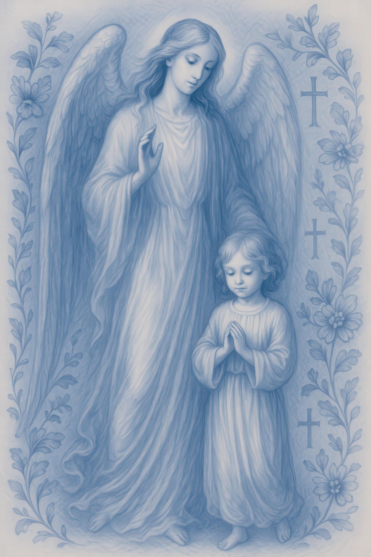 Guardian Angel and Child Chinoiserie Style Digital Print, Blue Nursery Wall Art (Instant Download)