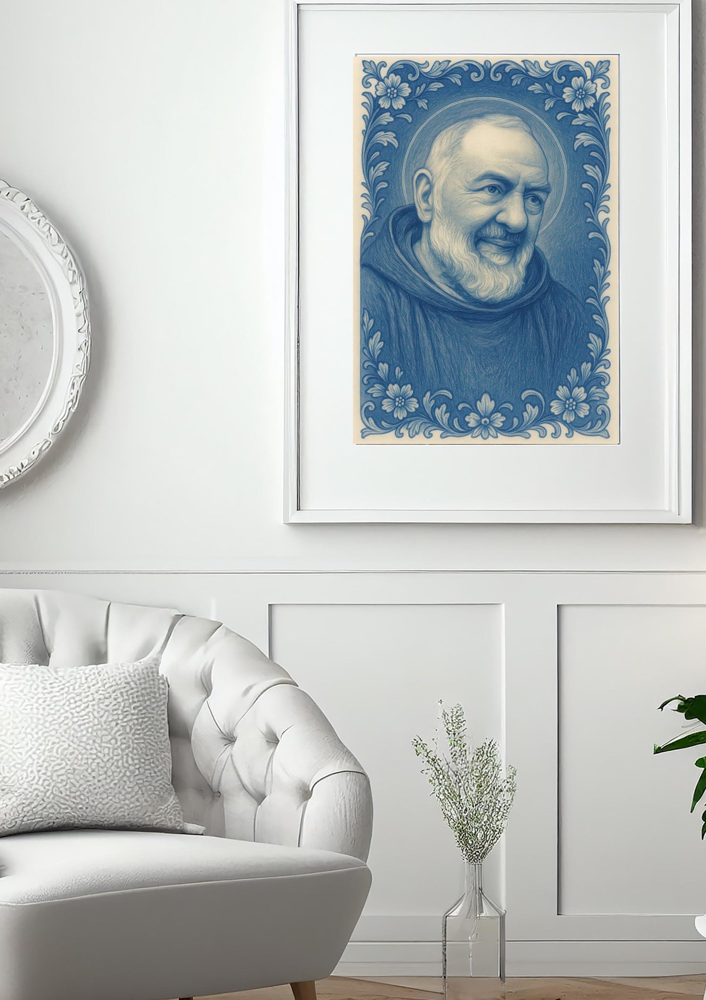 Saint Padre Pio Chinoiserie Art: Catholic Icon with Baroque Floral Border, Christian Wall Art ⬇️ Digital Download