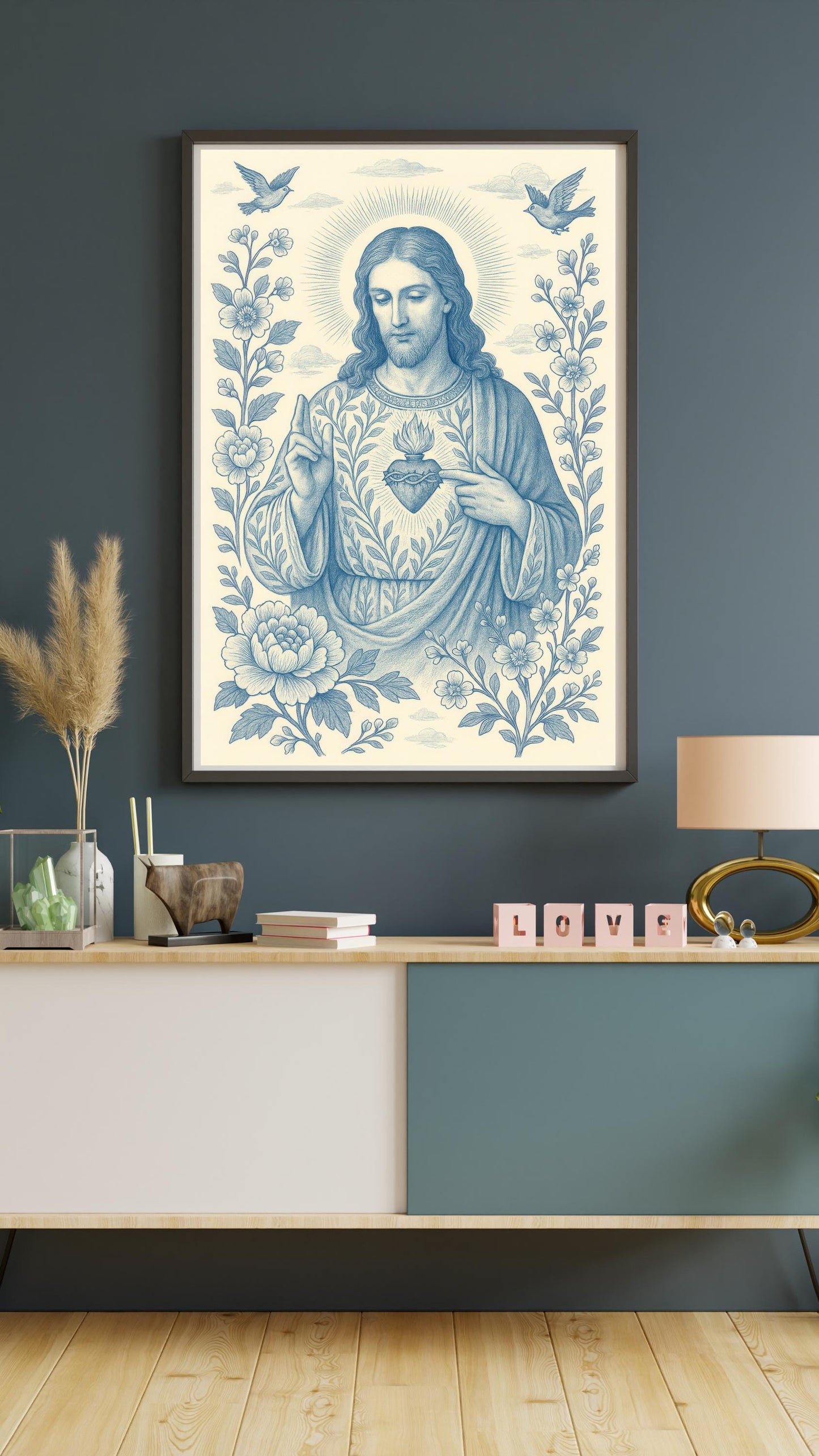 Sacred Heart and Divine Mercy of Jesus: Blue and White Chinoiserie Catholic Christian Wall Art ⬇️ Digital Download