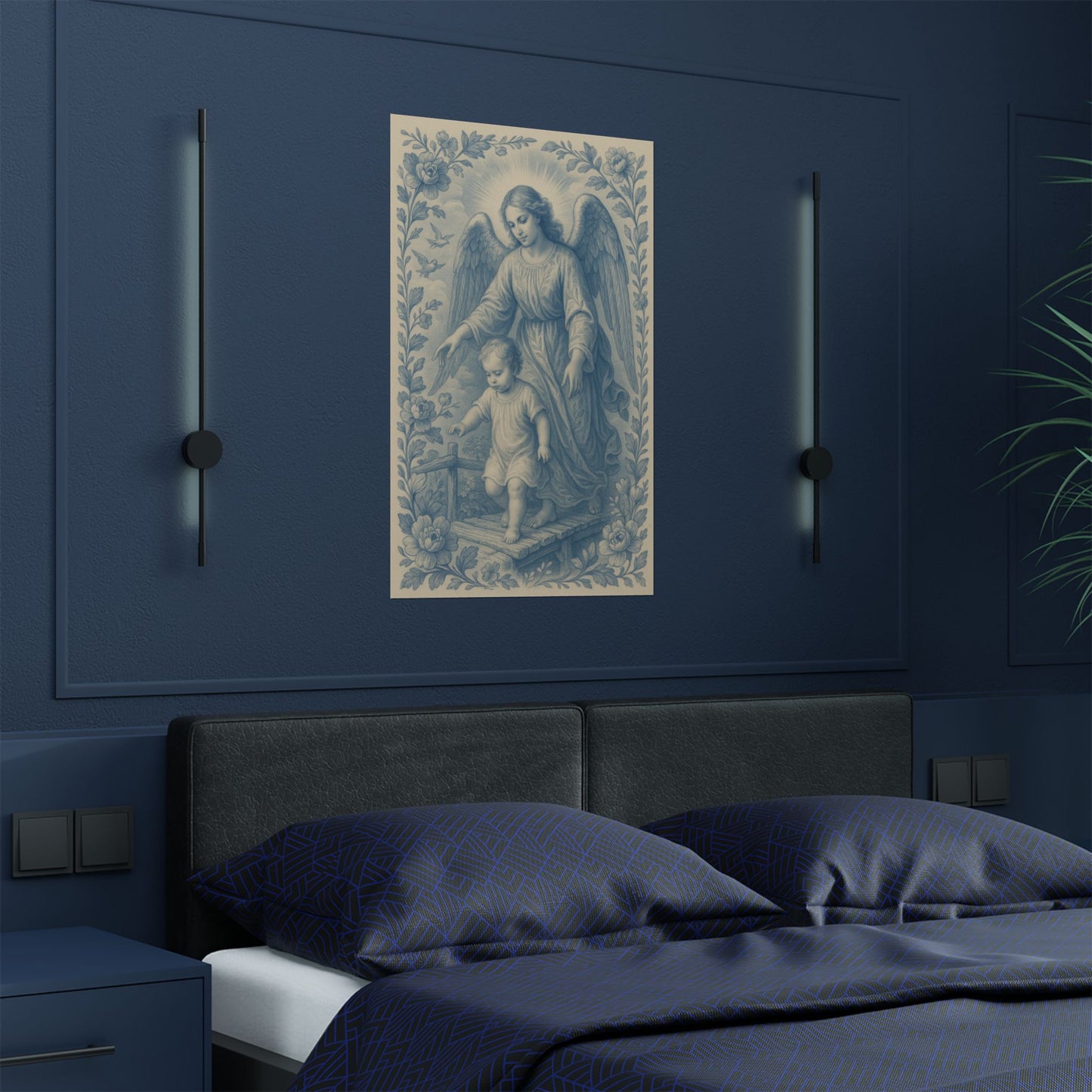 Satin Poster, Guardian Angel of Protection Catholic Christian Art Print, Soft Blue Chinoiserie, Confirmation, Nursery, Christmas Gift, Wall
