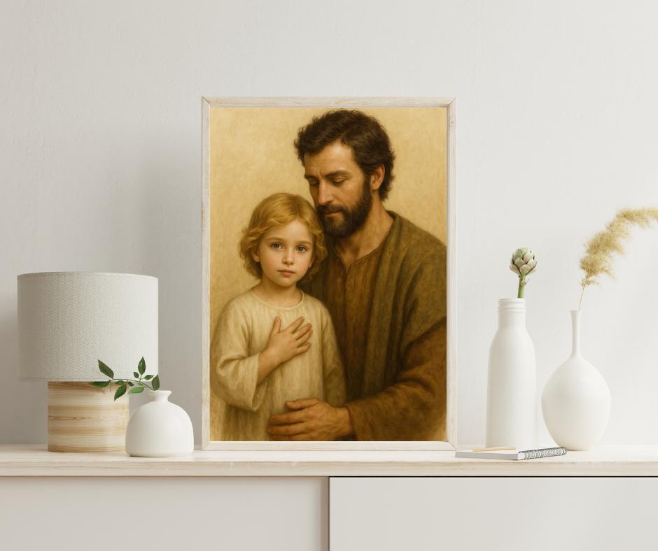 Saint Joseph and Young Jesus Art Print: Holy Family Christian Wall Art Portrait ⬇️ Digital Download