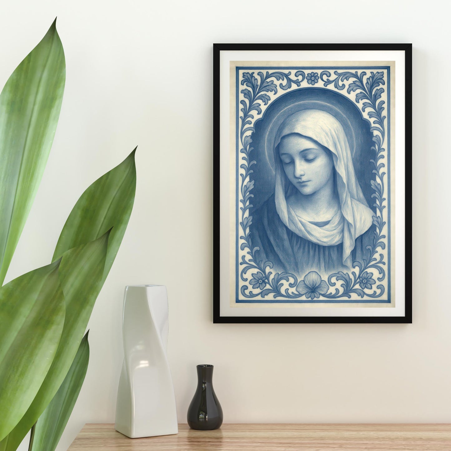Virgin Mary Chinoiserie Art Print: Blue & White Catholic Christian Wall Art Decor ⬇️ Digital Download