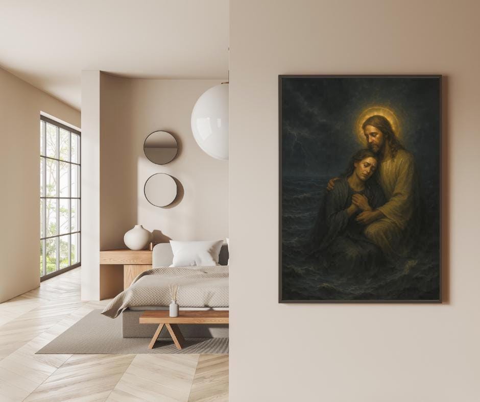 Jesus Christ Consoling a Woman in Stormy Sea: Christian Wall Art ⬇️ Digital Download