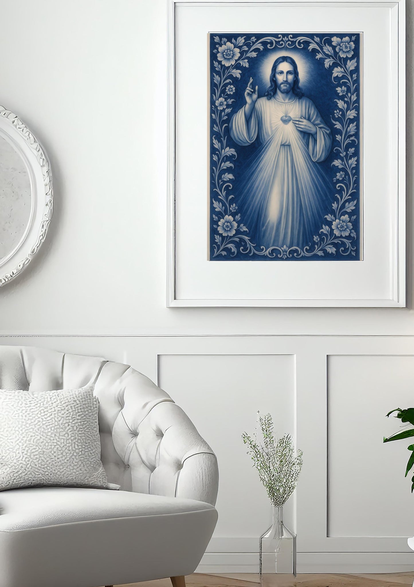 Divine Mercy Print: Blue Chinoiserie Sacred Heart Catholic Christian Wall Art ⬇️ Digital Download
