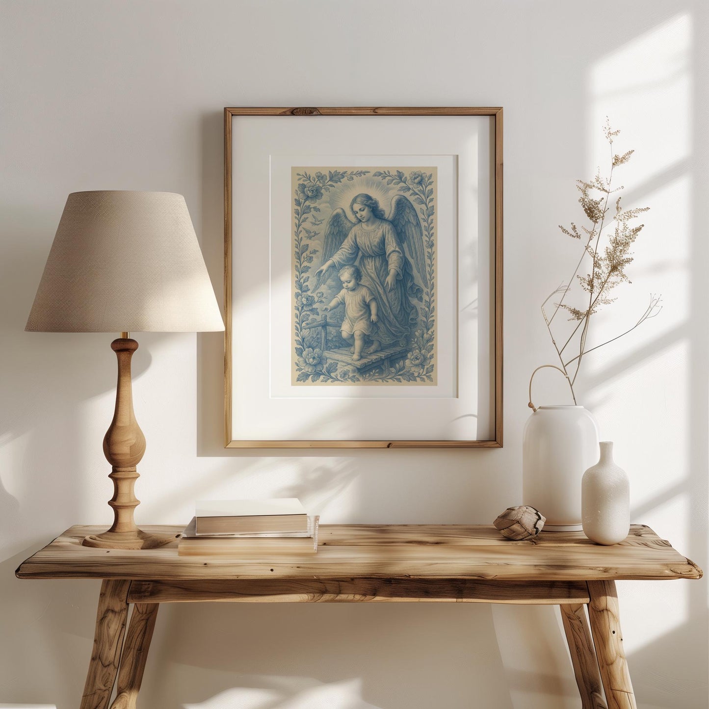 Guardian Angel Catholic Art Print: Christian Wall Poster Soft Blue Chinoiserie Home Decor, Faith Gift (Instant Digital Download)