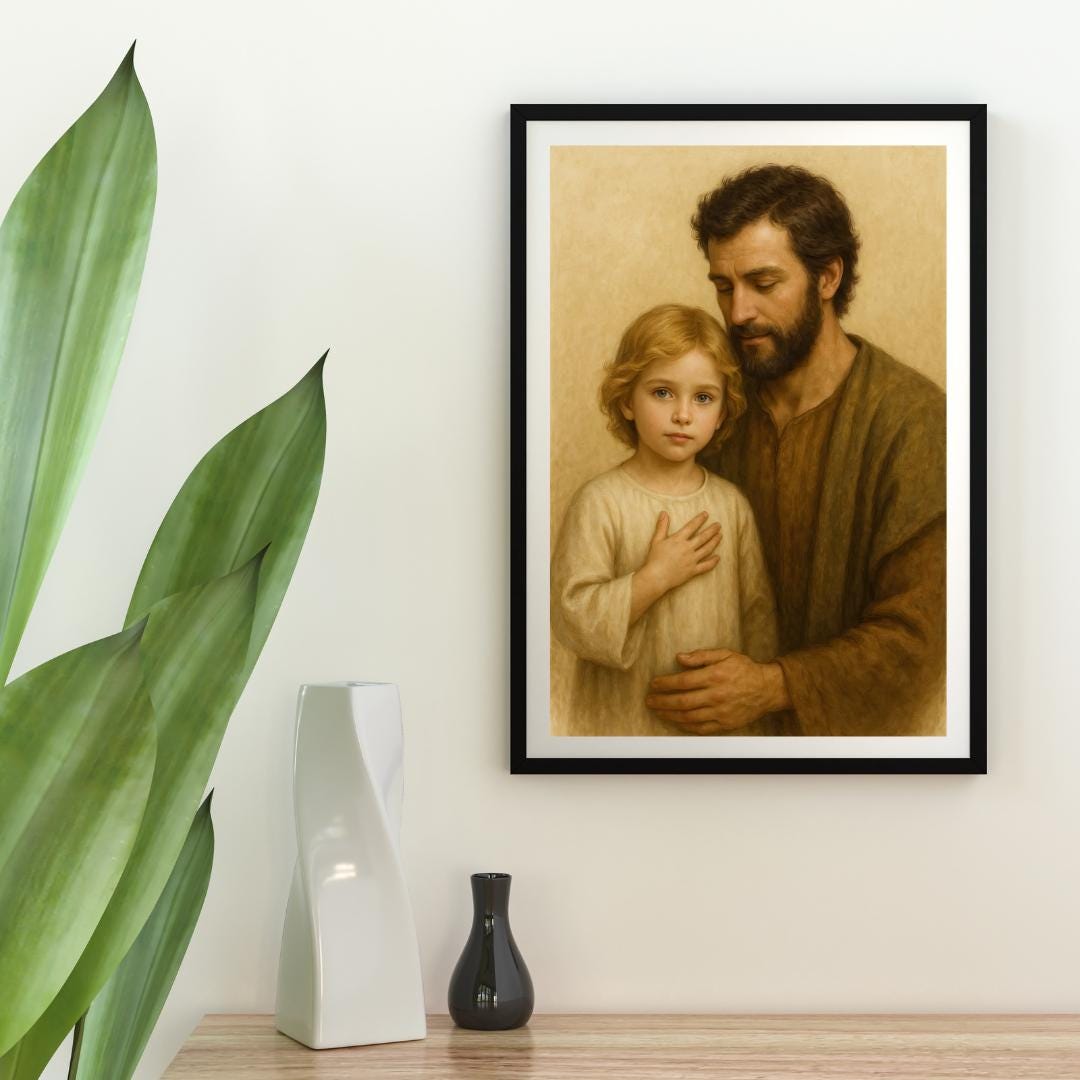 Saint Joseph and Young Jesus Art Print: Holy Family Christian Wall Art Portrait ⬇️ Digital Download
