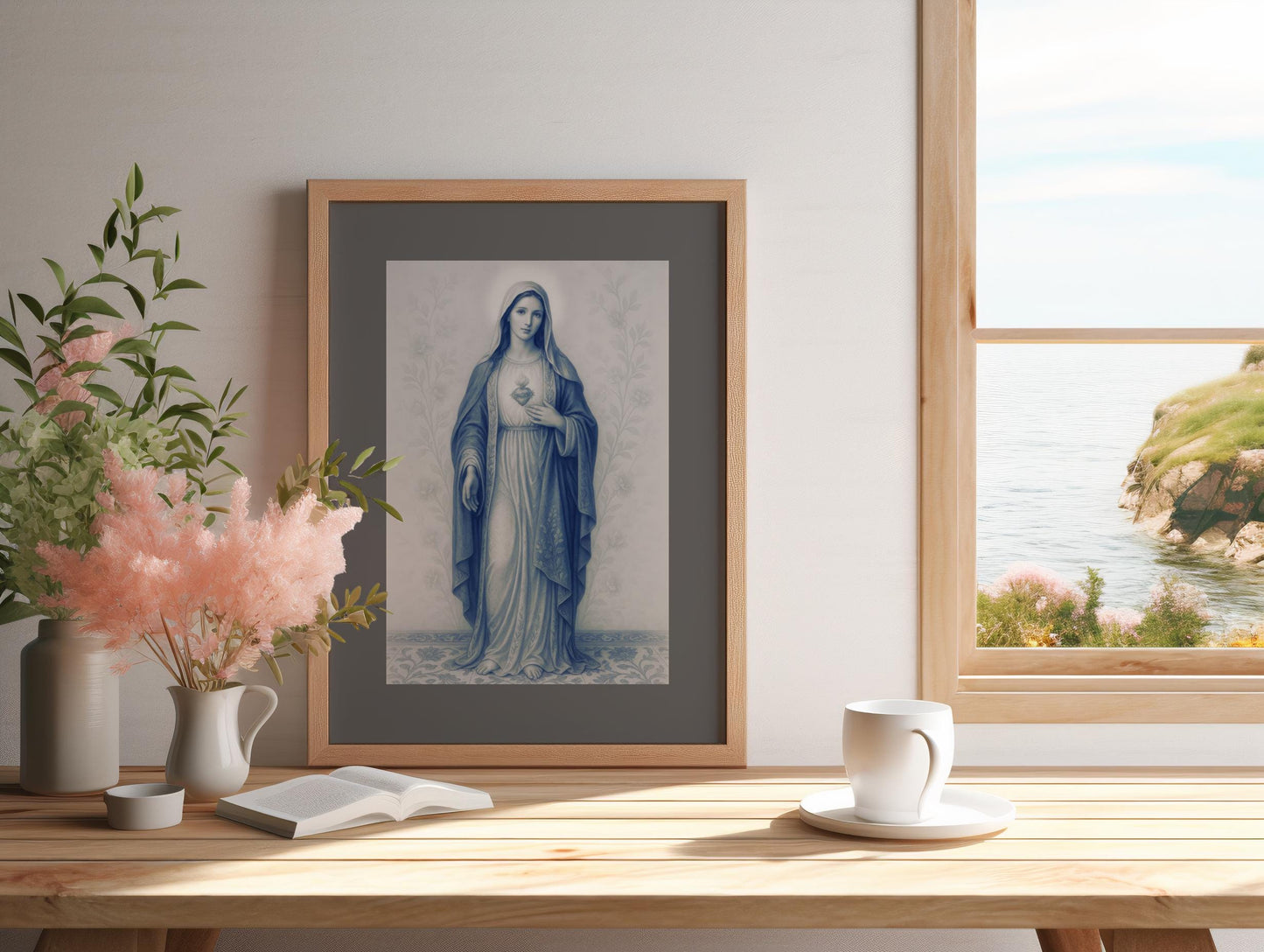 Virgin Mary Poster: Immaculate Heart Chinoiserie Style Vertical Matte Wall Art Decor ⬇️ Digital Download