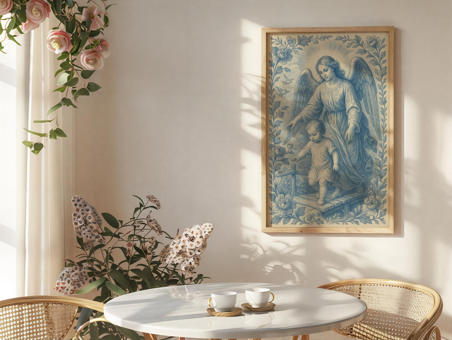 Guardian Angel Catholic Art Print: Christian Wall Poster Soft Blue Chinoiserie Home Decor, Faith Gift (Instant Digital Download)