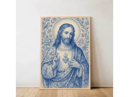 Jesus Christ Art Print: Sacred Heart Chinoiserie Catholic Christian Wall Art, Home Faith Decor ⬇️ Digital Download