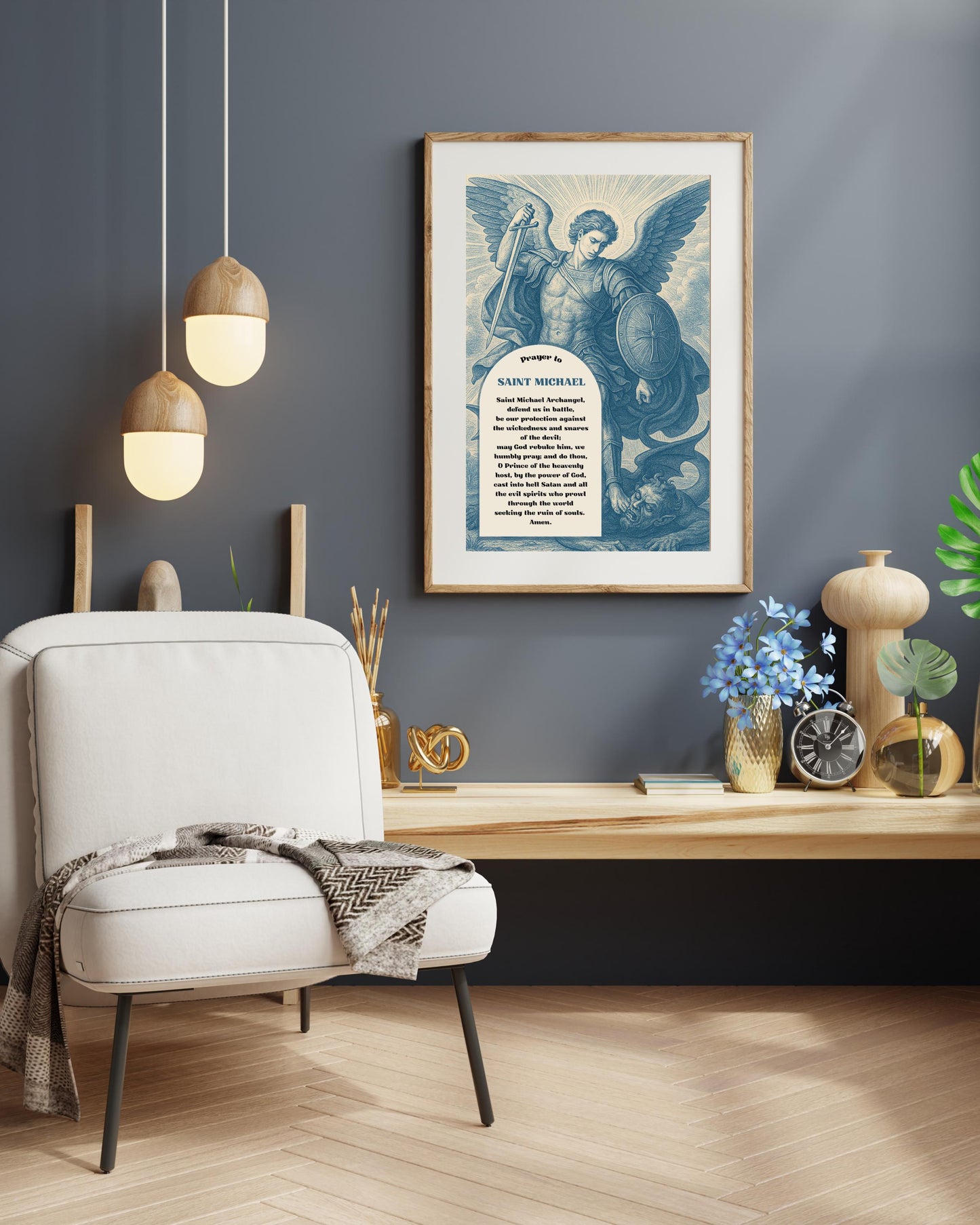 Archangel St Michael Prayer Print: Blue Chinoiserie Catholic Christian Wall Art ⬇️ Digital Download