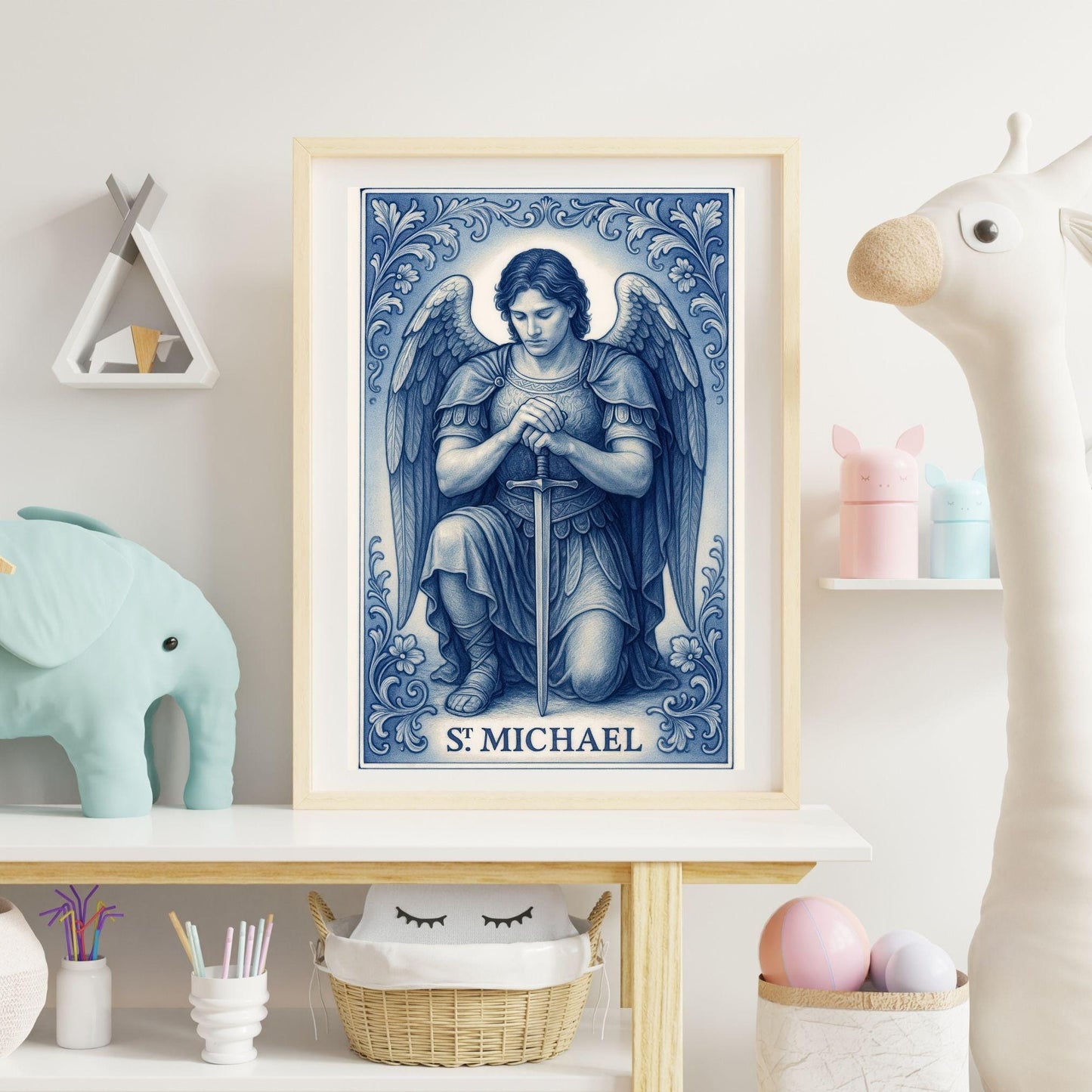 Saint Michael Print: Catholic Chinoiserie Style Wall Art ⬇️ Digital Download
