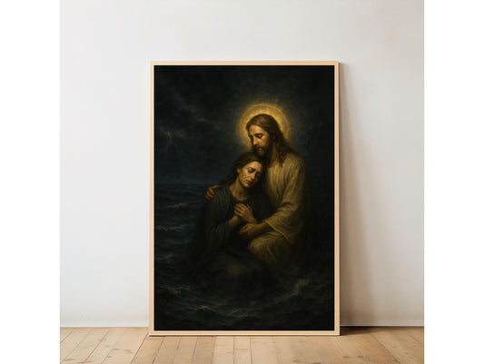 Jesus Christ Consoling a Woman in Stormy Sea: Christian Wall Art ⬇️ Digital Download