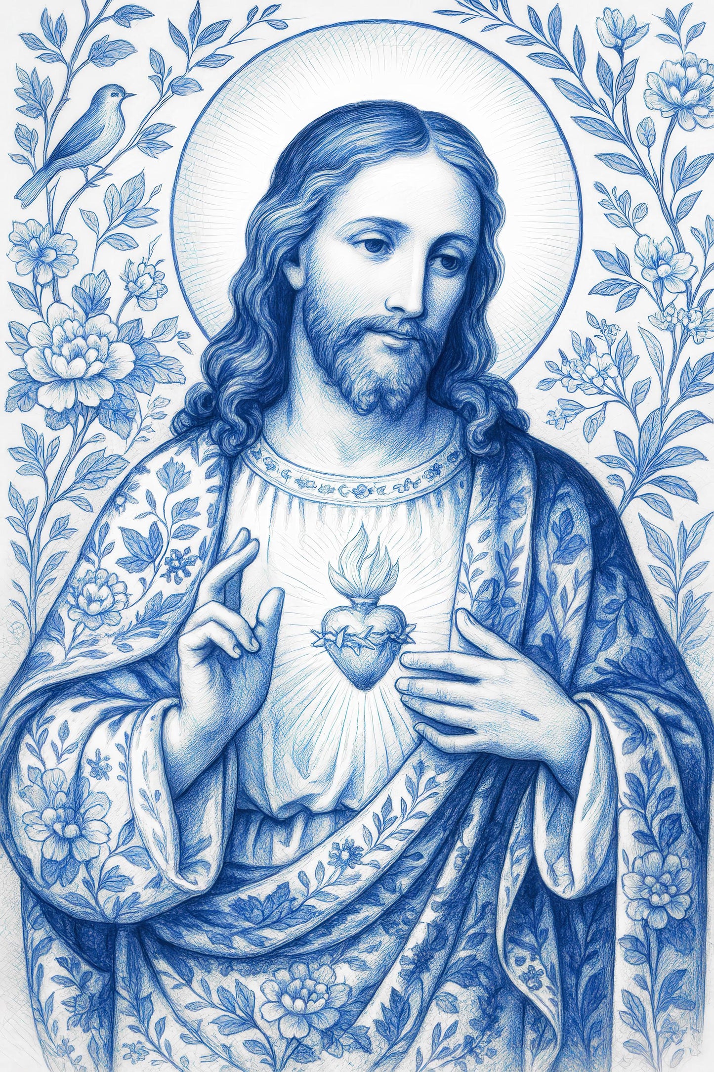 Jesus Christ Art Print: Sacred Heart Chinoiserie Catholic Christian Wall Art, Home Faith Decor ⬇️ Digital Download