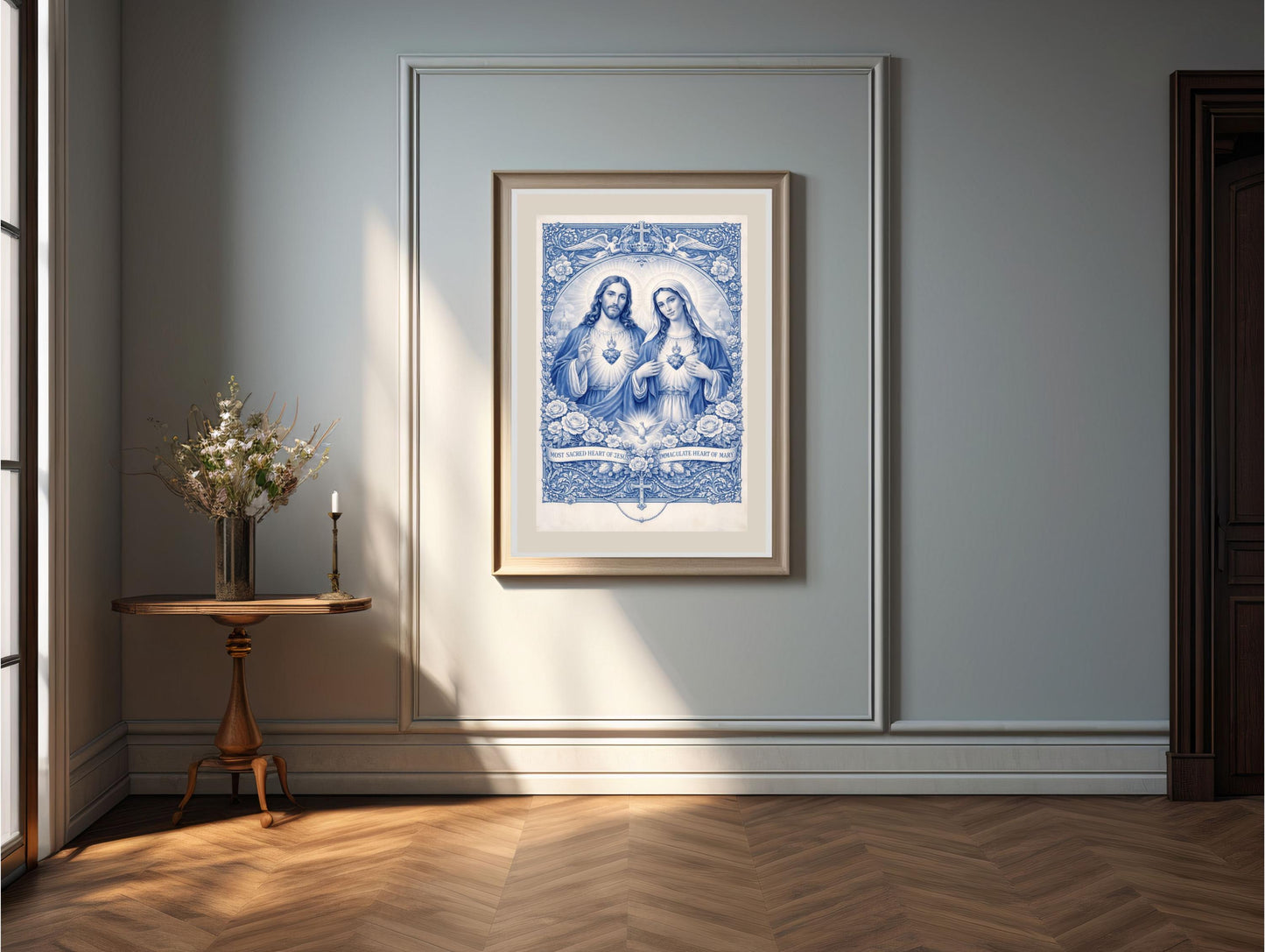 Impression Sacrés Cœurs de Jésus et Marie | Art catholique Chinoiserie bleue (Téléchargement numérique)