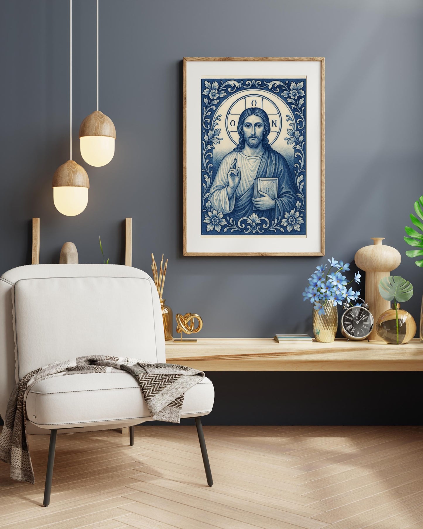 Blue & White Chinoiserie Catholic Wall Art: Sacred Religious Print, Delft Style Christian Poster, Vintage Devotional ⬇️ Digital Download