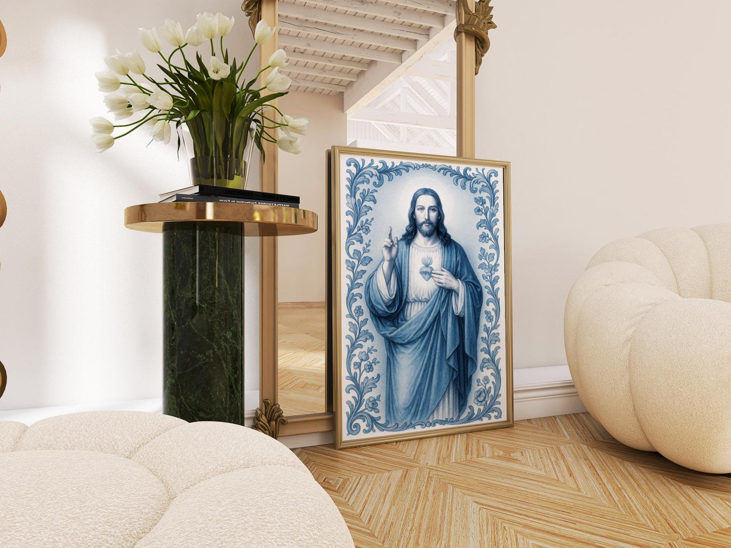 Jesus Christ Art Print: Sacred Heart Blue Chinoiserie Style Catholic Christian Wall Art, Holiday, Confirmation Gift ⬇️ Digital Download