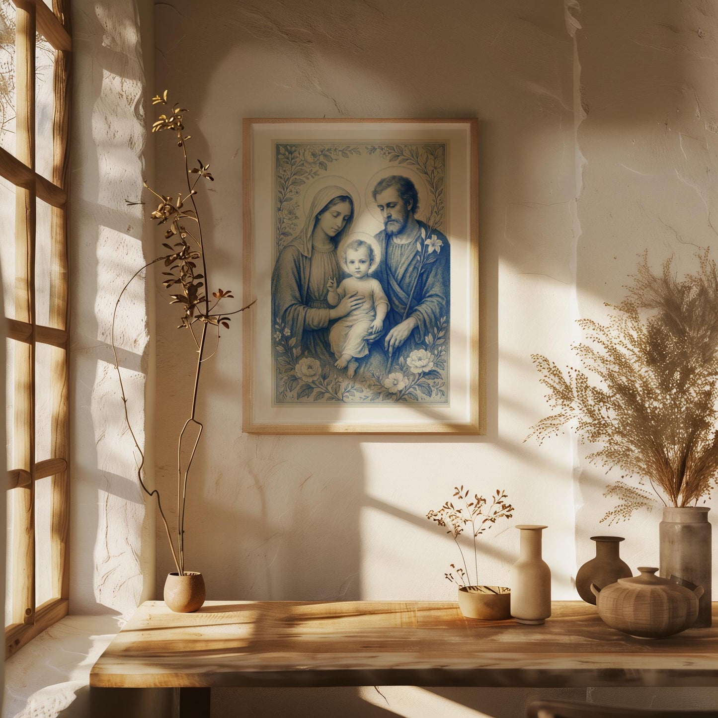 Holy Family Art Print: Chinoiserie Delft Style, Religious Christian Wall Art Decor, Home Decor, Family Faith Gift ⬇️ Digital Download