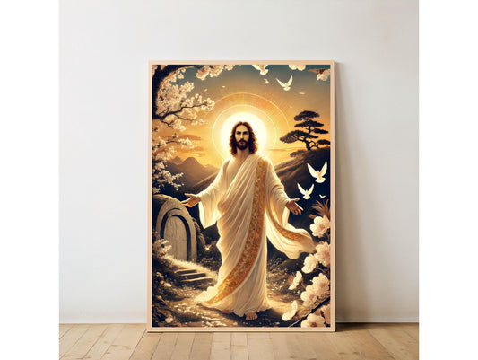 Jesus Resurrection Art: Japanese Woodblock Style Easter Christian Wall Art Print ⬇️ Digital Download
