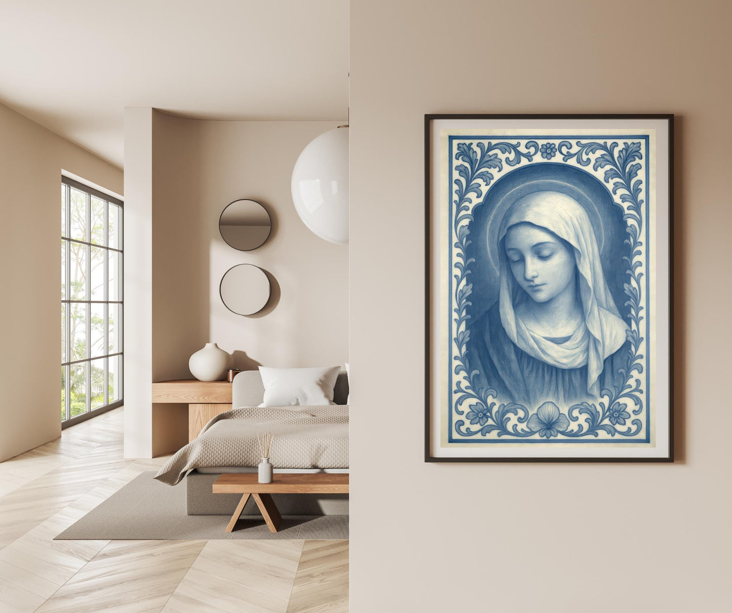Virgin Mary Chinoiserie Art Print: Blue & White Catholic Christian Wall Art Decor ⬇️ Digital Download