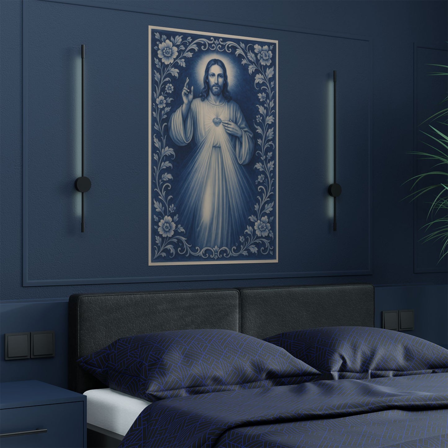Divine Mercy of Jesus Blue Chinoiserie Satin Poster Wall Art, Catholic Christian Print, Delft Porcelain Inspired Decor, Sacred Heart
