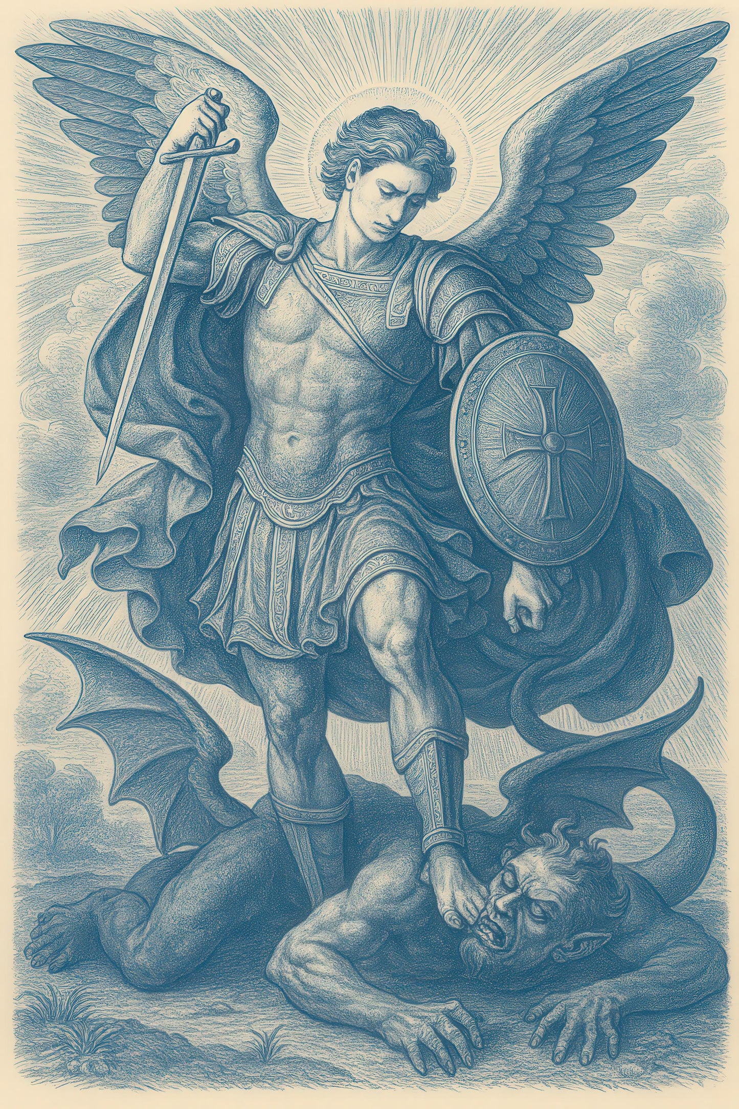 Saint Michael Digital Art: Chinoiserie Style Art Print, Christian Archangel Warrior for Protection with Sword & Shield, Faith Gift ⬇️ Digital Download
