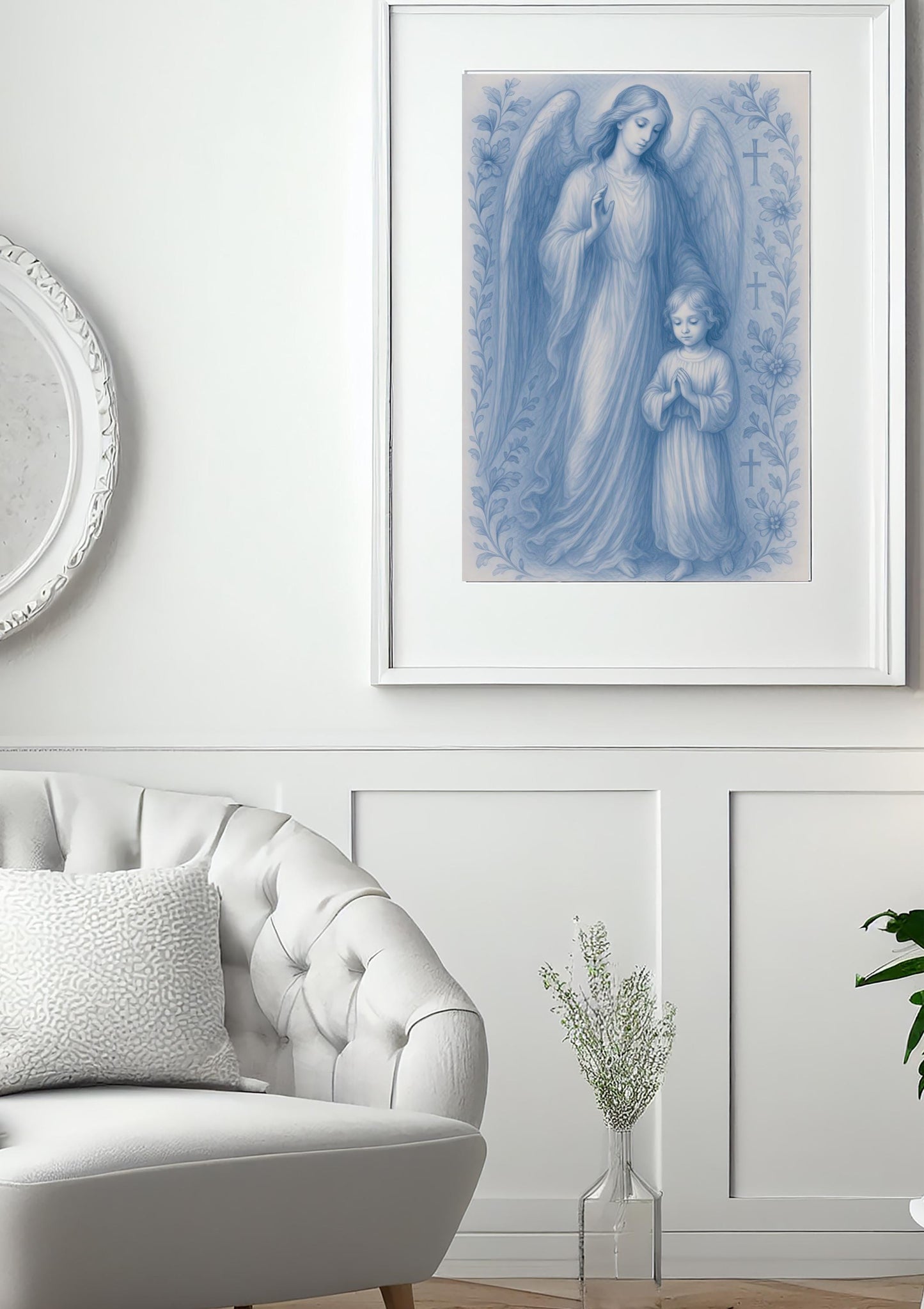 Guardian Angel and Child Chinoiserie Style Digital Print, Blue Nursery Wall Art (Instant Download)