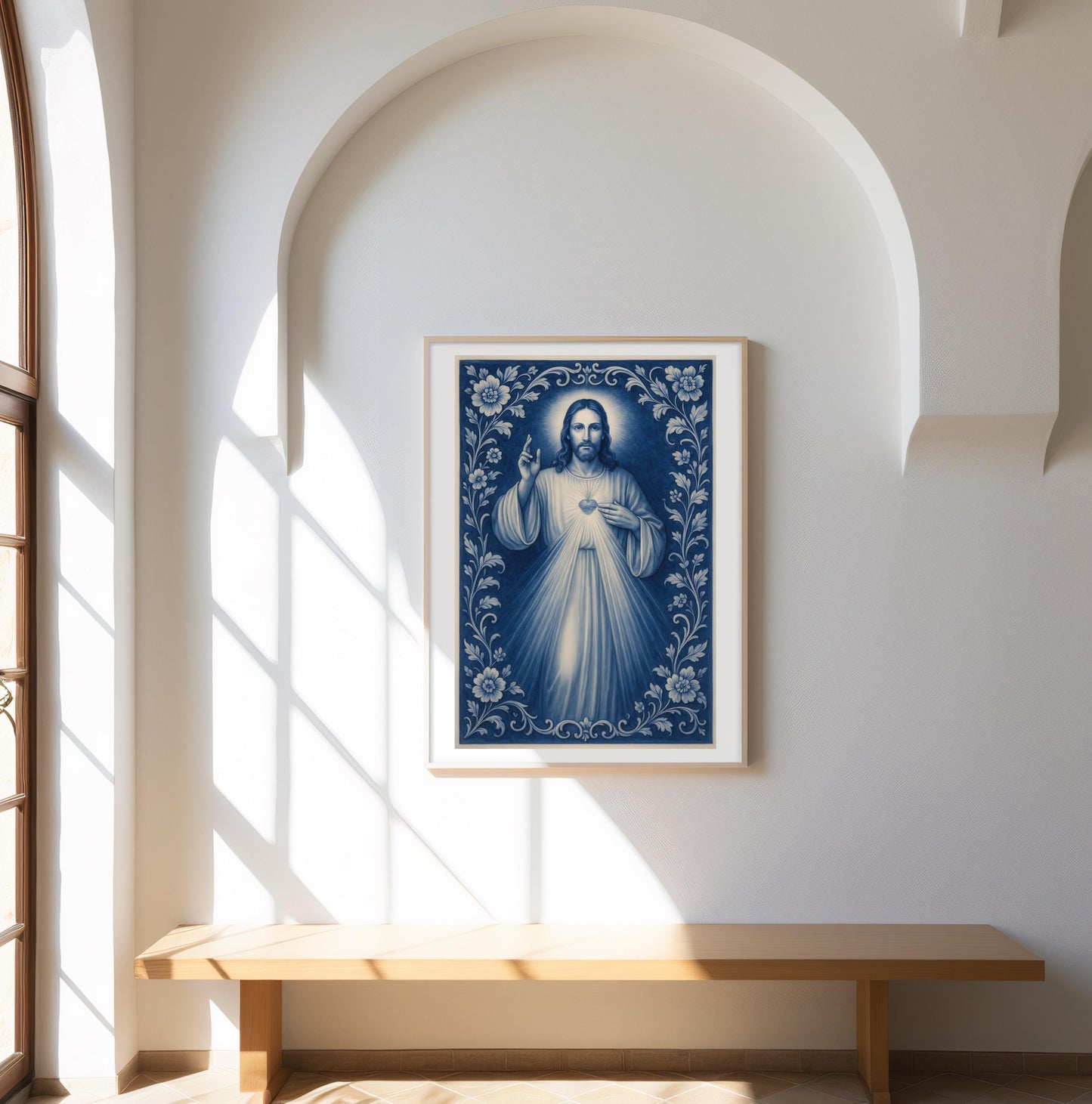Divine Mercy Print: Blue Chinoiserie Sacred Heart Catholic Christian Wall Art ⬇️ Digital Download