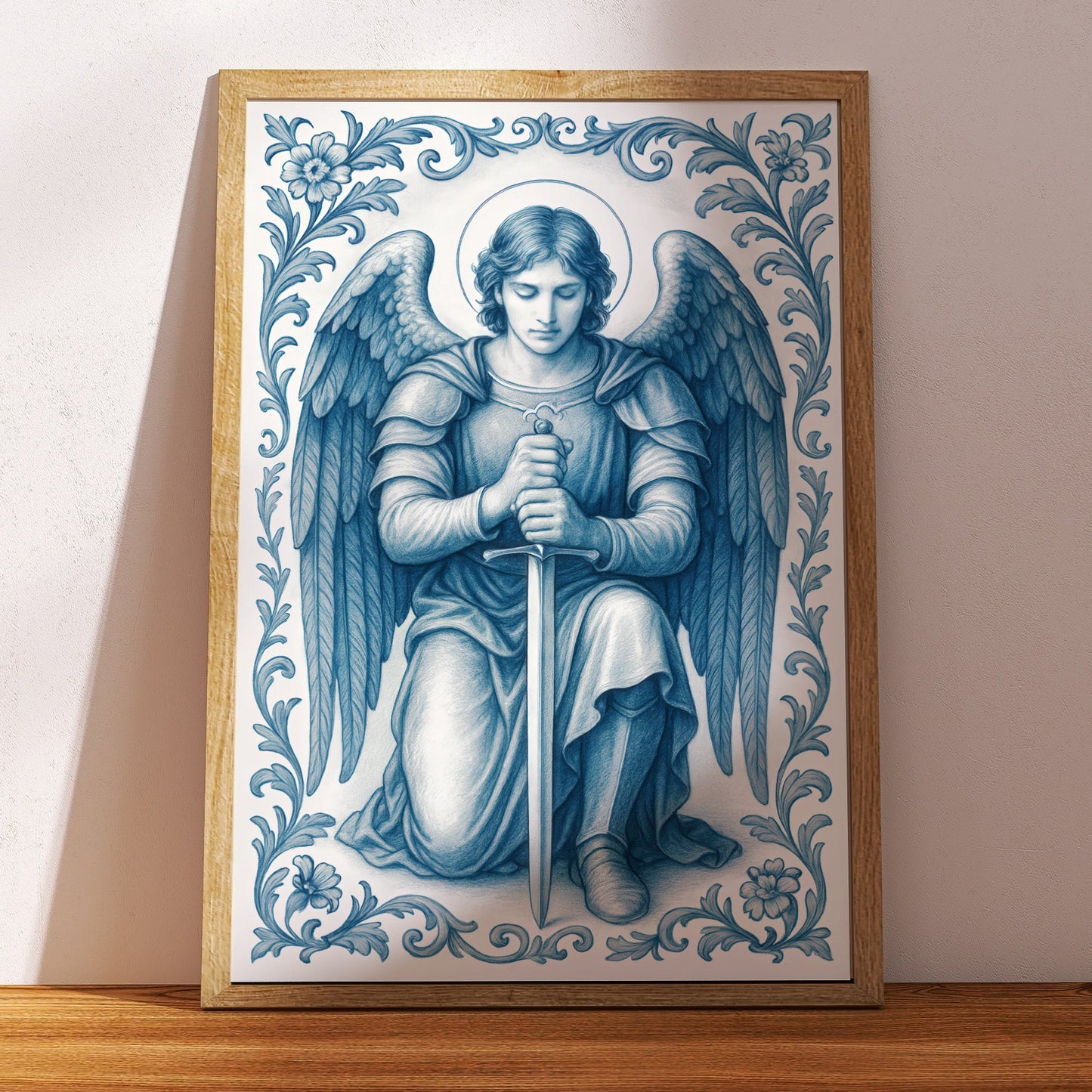 Saint Michael Catholic Christian Decor, Religious Satin Poster, Soft Blue Chinoiserie Wall Art Print, Confirmation, Nursery, Christmas gift
