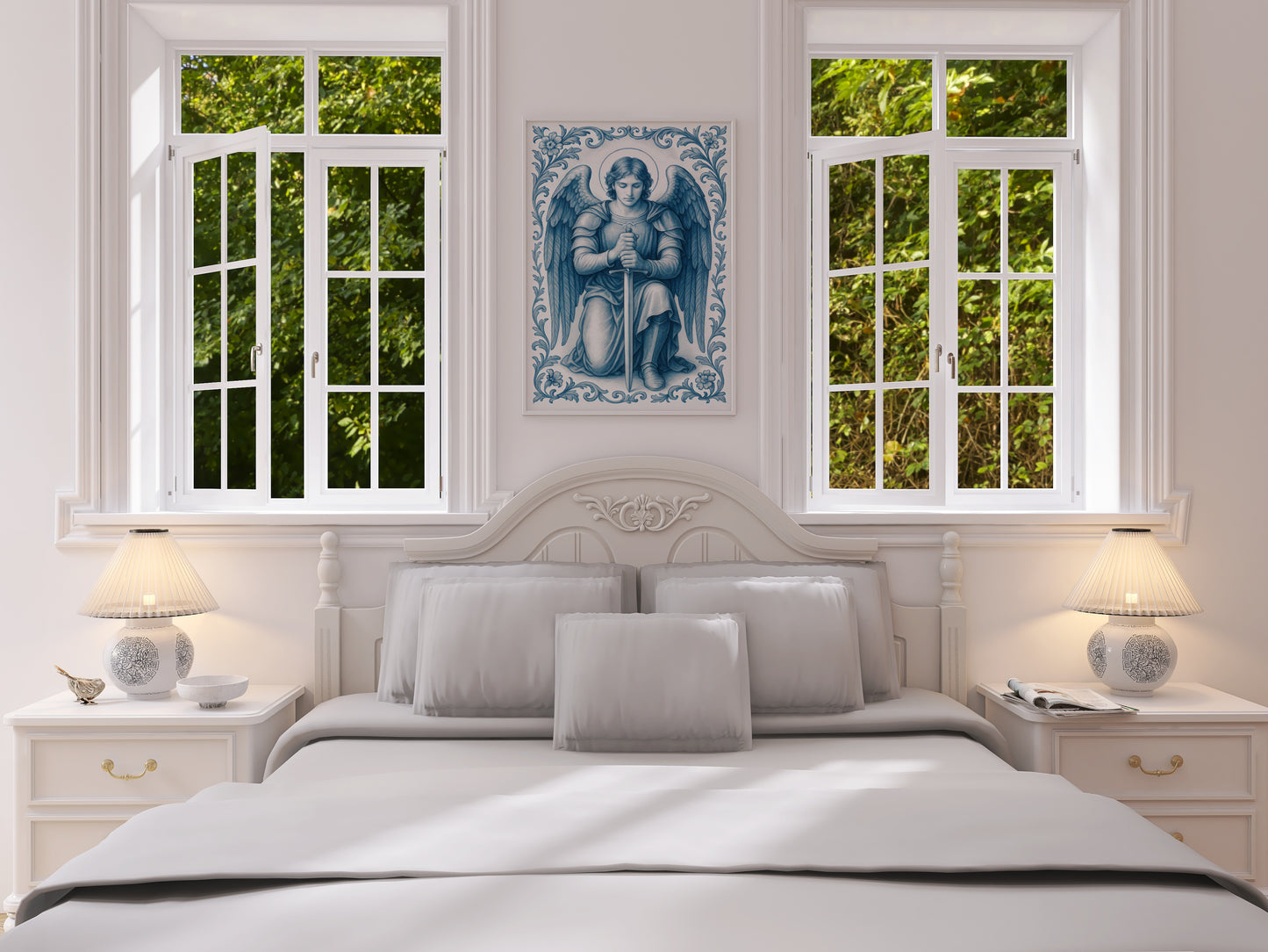 Saint Michael Catholic Christian Decor, Religious Satin Poster, Soft Blue Chinoiserie Wall Art Print, Confirmation, Nursery, Christmas gift