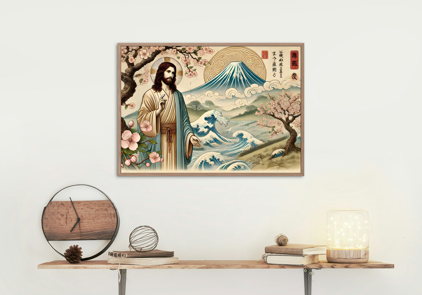 Jesus and Mt. Fuji Wall Art poster, Spiritual Decor, Asian Art Print, Unique Gift