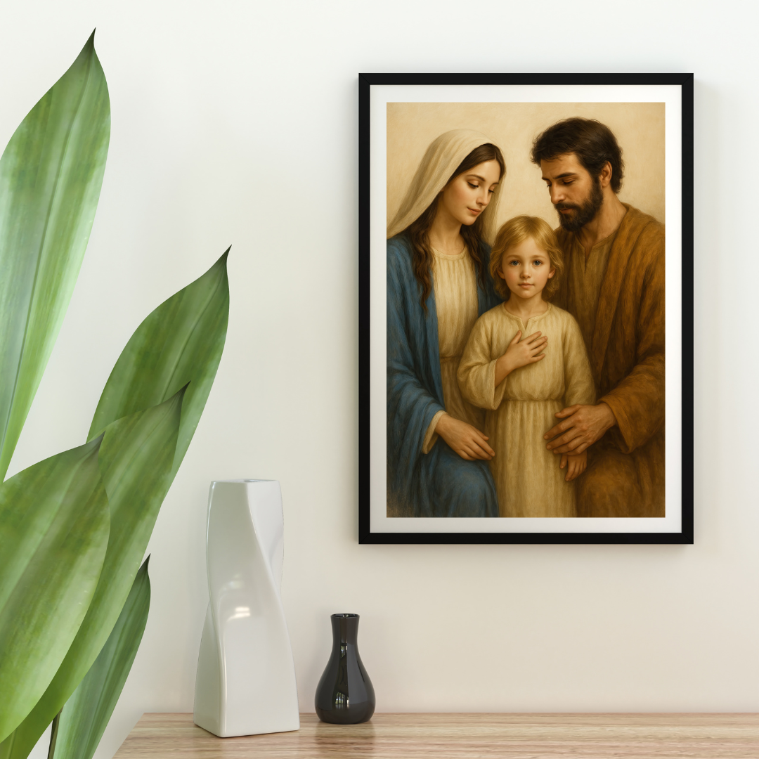 Religious Satin Poster, Catholic Wall Decor of Holy Family - Virgin Mary, St Joseph, Young Jesus, Christian Home Blessing Gift, Religious