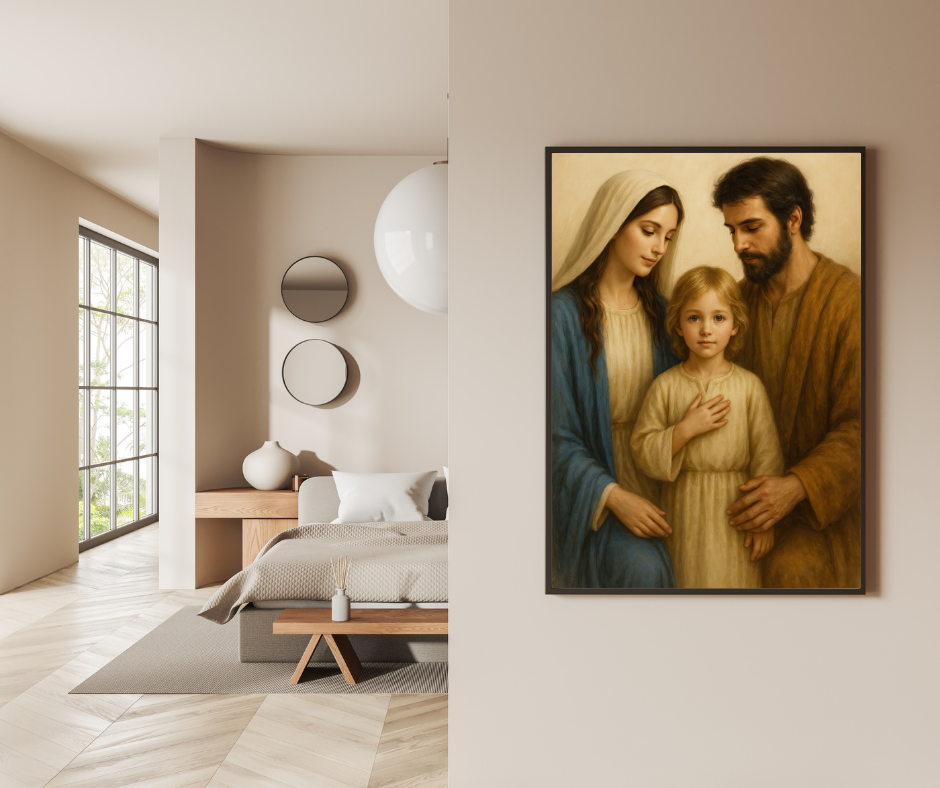 Religious Satin Poster, Catholic Wall Decor of Holy Family - Virgin Mary, St Joseph, Young Jesus, Christian Home Blessing Gift, Religious