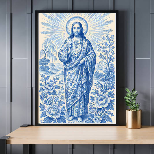 Chinoiserie Jesus Sacred Heart Vintage Christian Wall Art Print Floral Religious Illustration for Home Décor or Framed Artwork