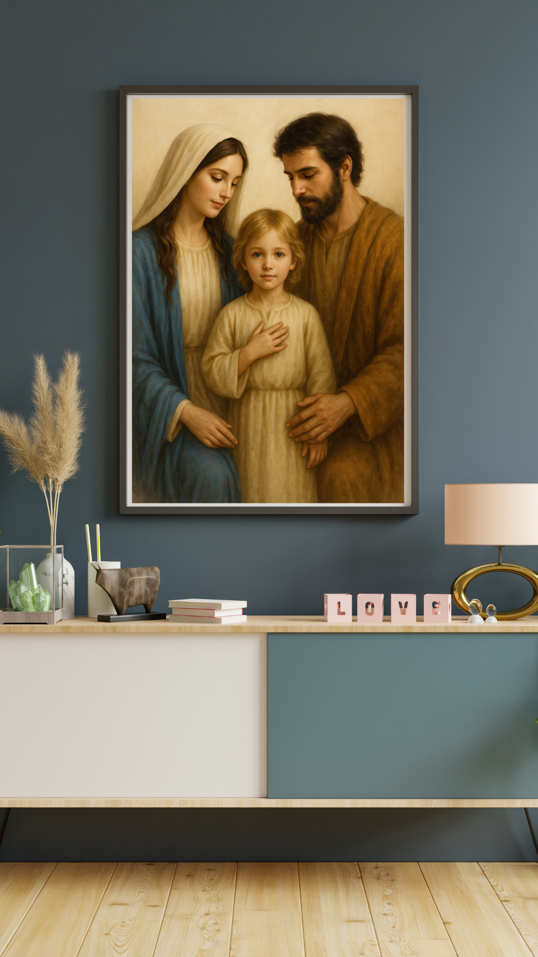 Religious Satin Poster, Catholic Wall Decor of Holy Family - Virgin Mary, St Joseph, Young Jesus, Christian Home Blessing Gift, Religious