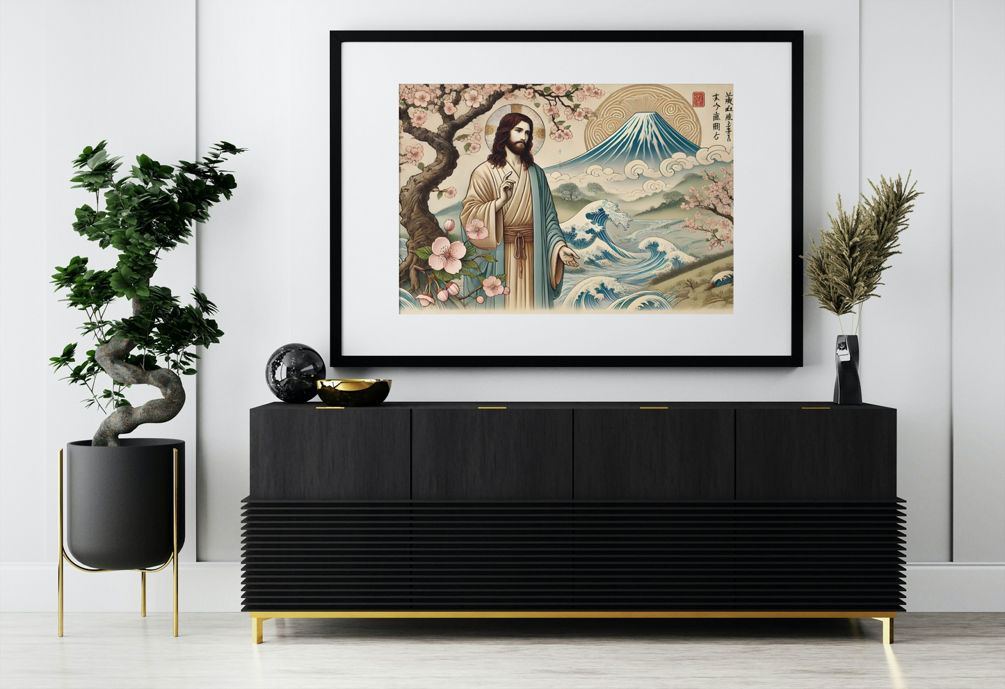 Jesus and Mt. Fuji Wall Art poster, Spiritual Decor, Asian Art Print, Unique Gift
