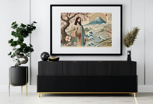 Jesus and Mt. Fuji Wall Art poster, Spiritual Decor, Asian Art Print, Unique Gift