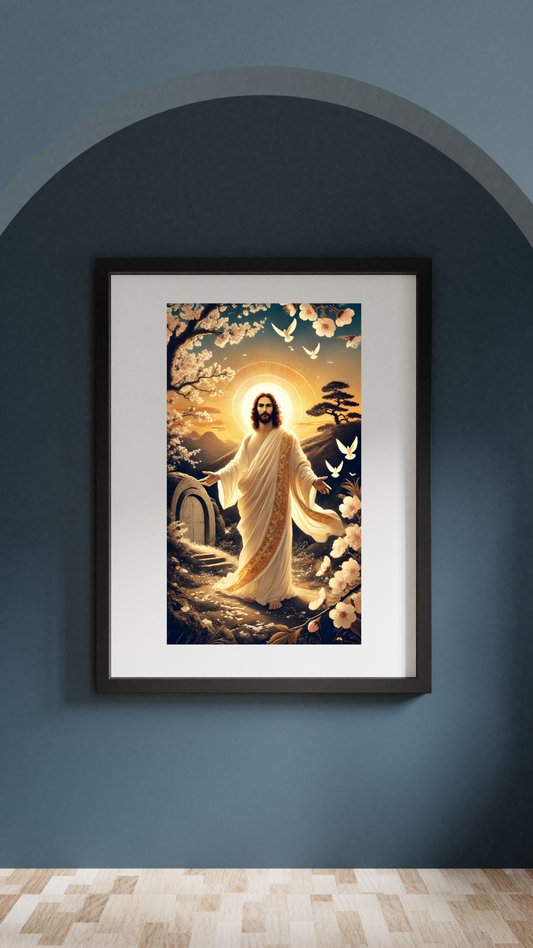 Japanese Woodblock Style Jesus Resurrection Easter Poster | Christian Wall Art | Vintage Religious Art Print | He Is Risen Home Decor
