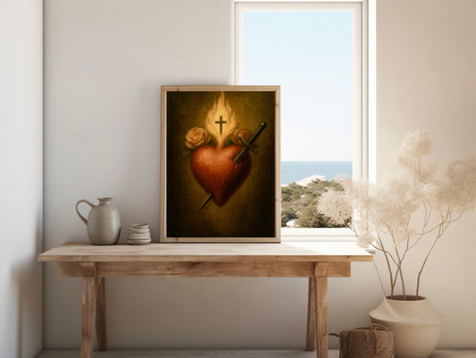 Poster, Immaculate Heart of Virgin Mary Traditional Print Catholic Wall Decor, Sacred Symbol With Roses and Dagger, Virgin Mary Art, Satin