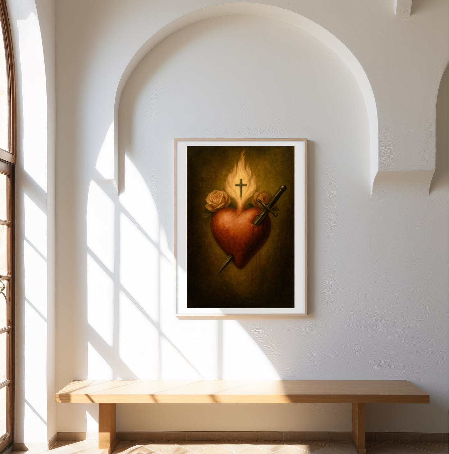 Poster, Immaculate Heart of Virgin Mary Traditional Print Catholic Wall Decor, Sacred Symbol With Roses and Dagger, Virgin Mary Art, Satin