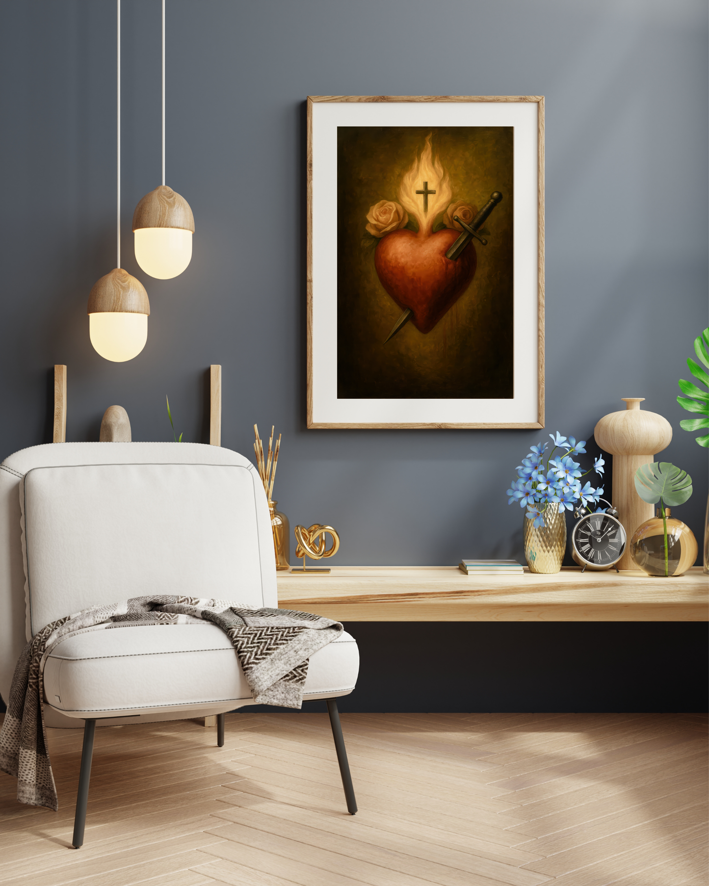 Poster, Immaculate Heart of Virgin Mary Traditional Print Catholic Wall Decor, Sacred Symbol With Roses and Dagger, Virgin Mary Art, Satin