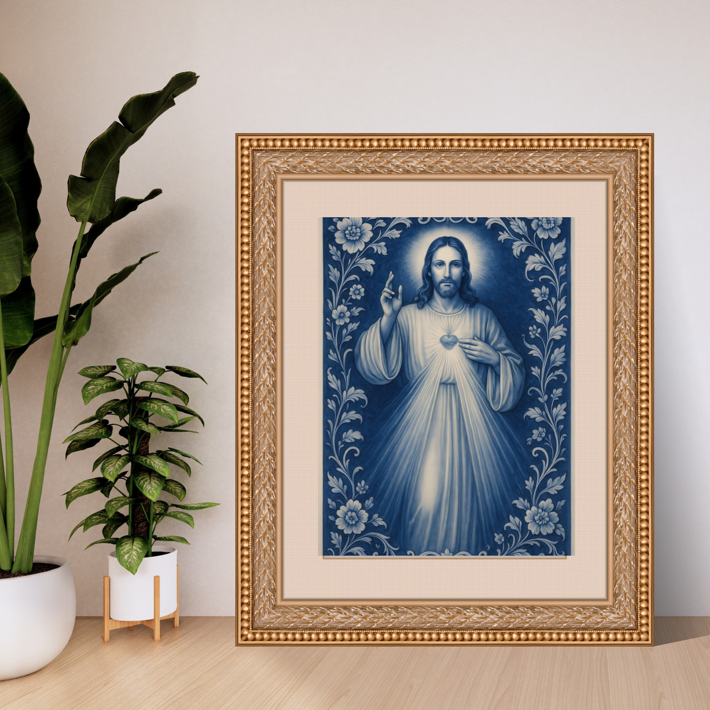 Religious Satin Poster, Jesus Christ Catholic Christian Decor, Soft Blue Chinoiserie Wall Art Print - Satin Poster, Christian Wall Art,