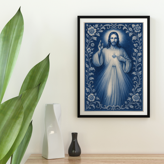 Religious Satin Poster, Jesus Christ Catholic Christian Decor, Soft Blue Chinoiserie Wall Art Print - Satin Poster, Christian Wall Art,