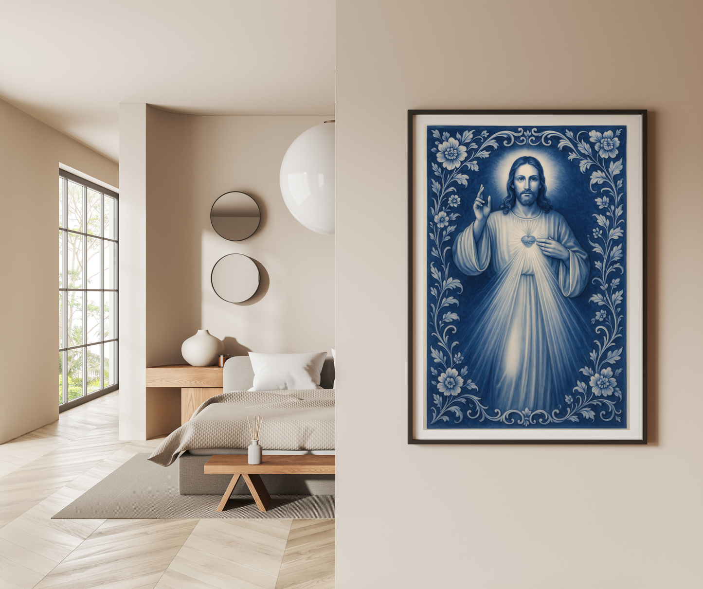 Religious Satin Poster, Jesus Christ Catholic Christian Decor, Soft Blue Chinoiserie Wall Art Print - Satin Poster, Christian Wall Art,