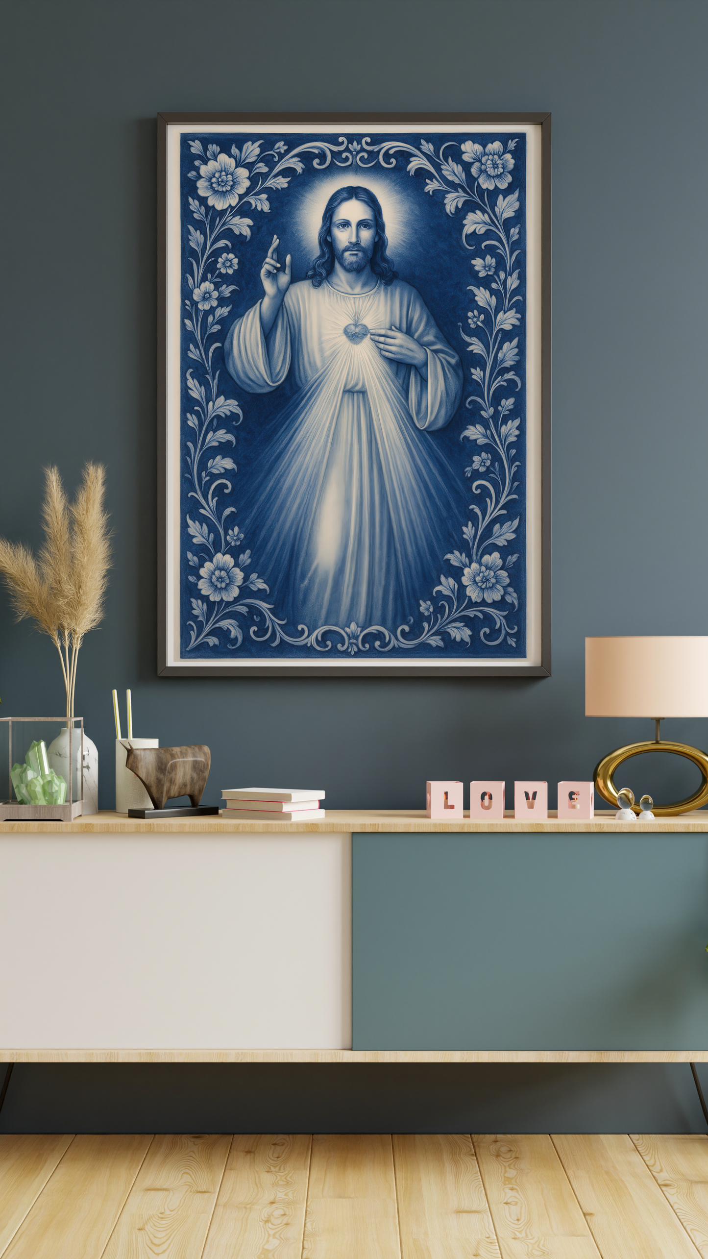 Religious Satin Poster, Jesus Christ Catholic Christian Decor, Soft Blue Chinoiserie Wall Art Print - Satin Poster, Christian Wall Art,