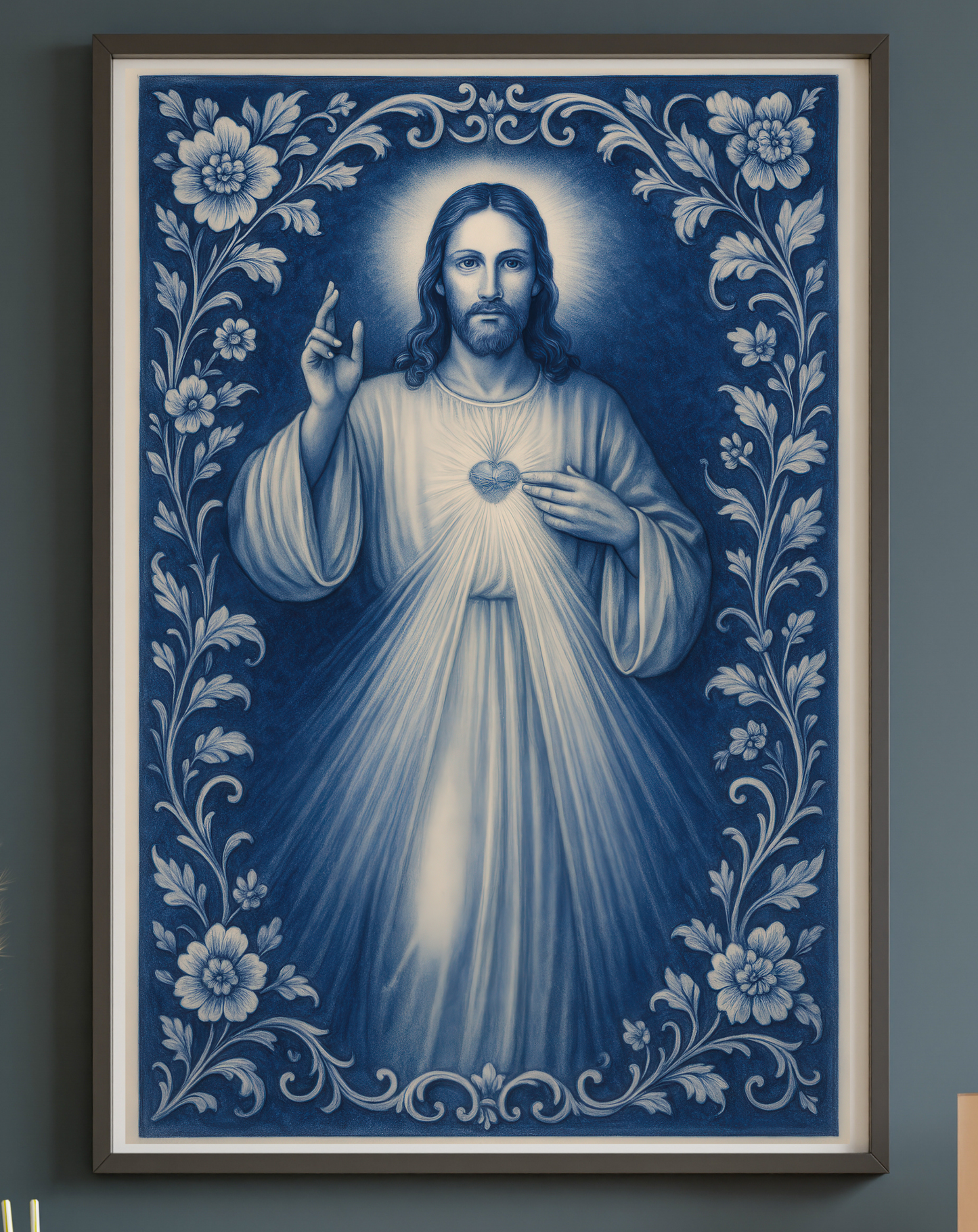 Religious Satin Poster, Jesus Christ Catholic Christian Decor, Soft Blue Chinoiserie Wall Art Print - Satin Poster, Christian Wall Art,