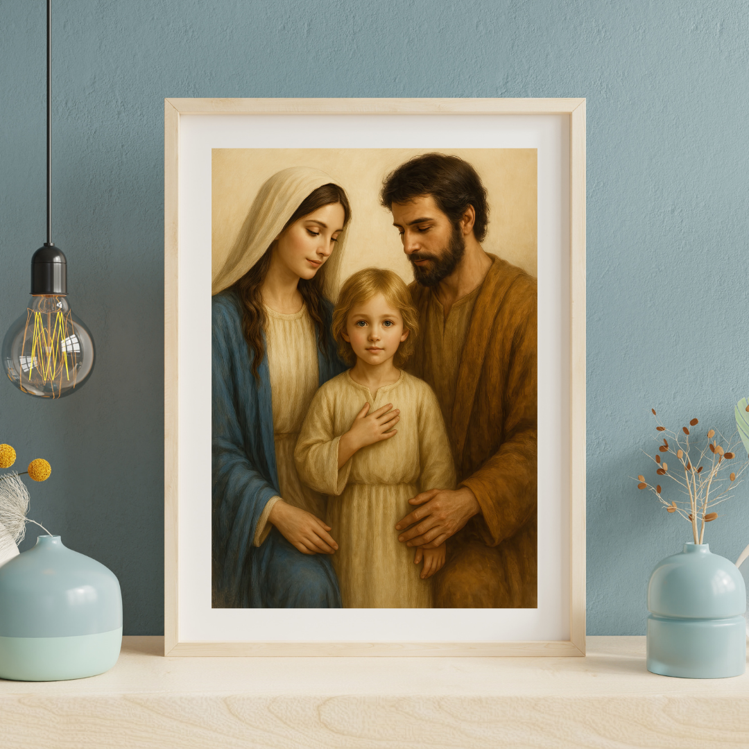 Religious Satin Poster, Catholic Wall Decor of Holy Family - Virgin Mary, St Joseph, Young Jesus, Christian Home Blessing Gift, Religious