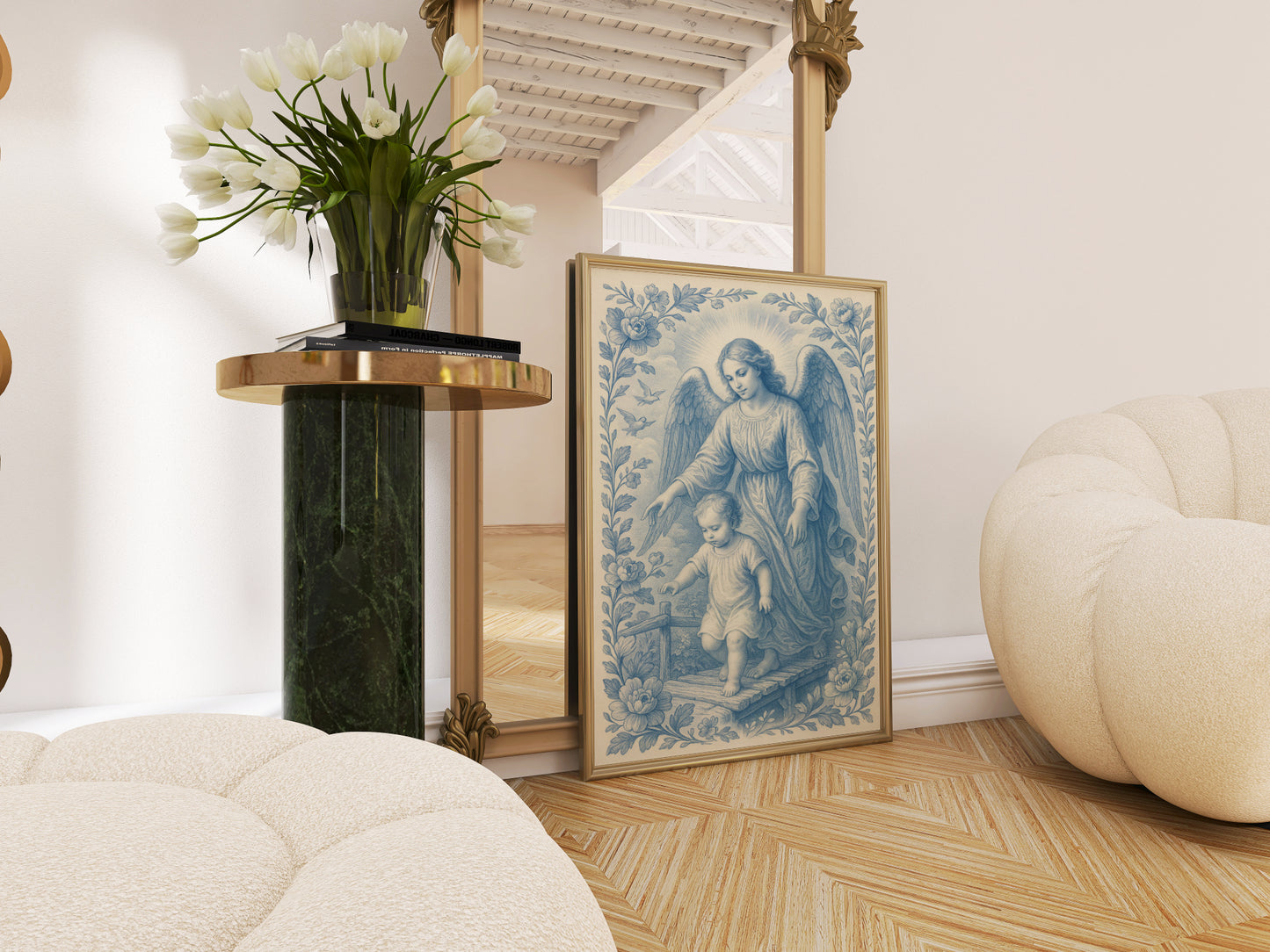 Satin Poster, Guardian Angel of Protection Catholic Christian Art Print, Soft Blue Chinoiserie, Confirmation, Nursery, Christmas Gift, Wall