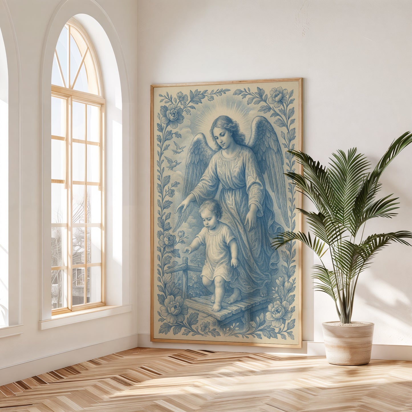 Satin Poster, Guardian Angel of Protection Catholic Christian Art Print, Soft Blue Chinoiserie, Confirmation, Nursery, Christmas Gift, Wall