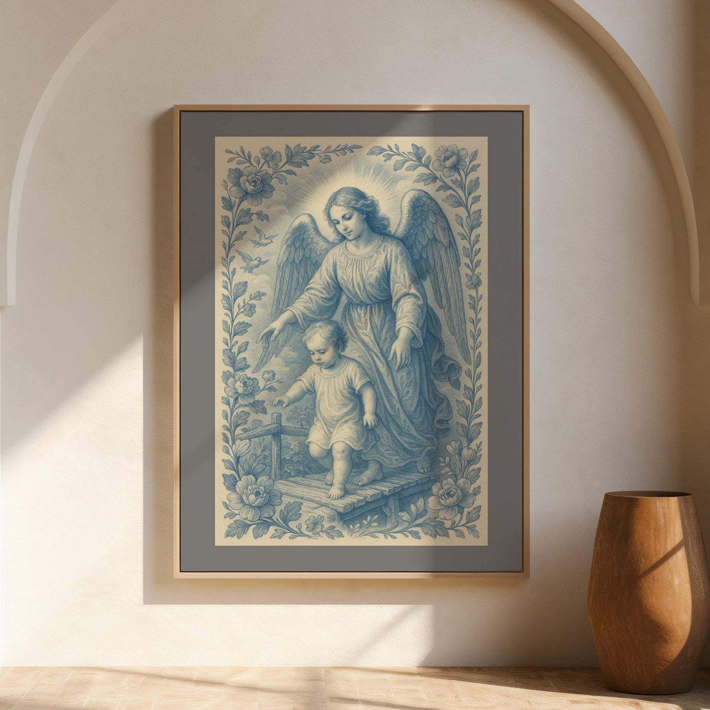 Satin Poster, Guardian Angel of Protection Catholic Christian Art Print, Soft Blue Chinoiserie, Confirmation, Nursery, Christmas Gift, Wall