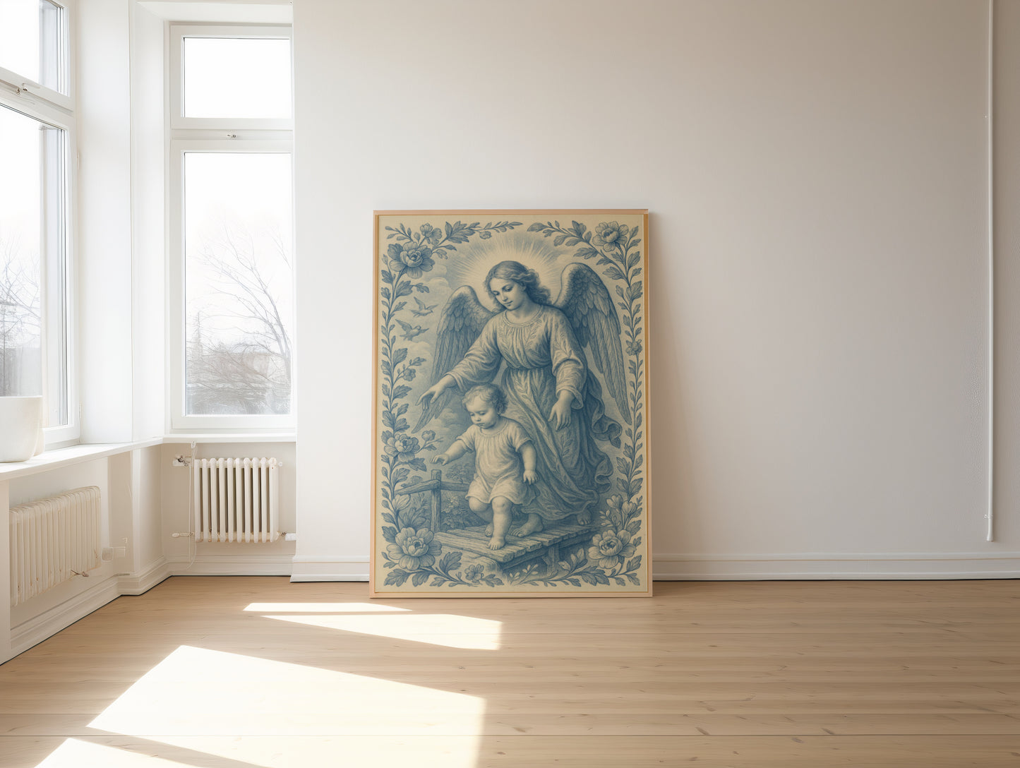 Satin Poster, Guardian Angel of Protection Catholic Christian Art Print, Soft Blue Chinoiserie, Confirmation, Nursery, Christmas Gift, Wall